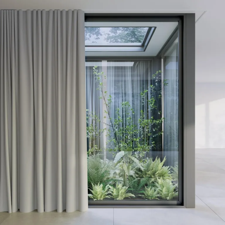 Draperie blackout Grand Noir 13 Pelican, pe fereastră dublă înălțime