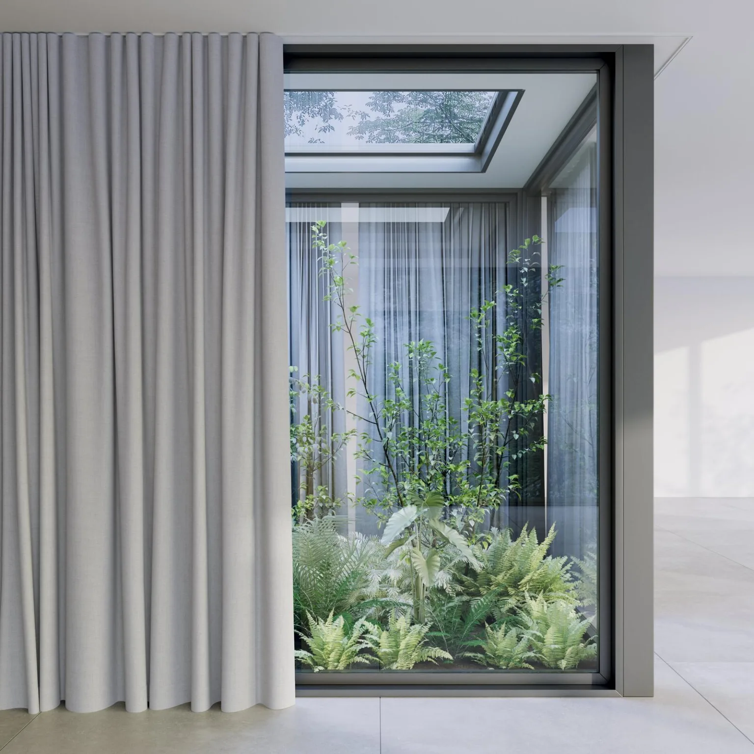 Draperie blackout Shadowmax gri la un perete de sticlă