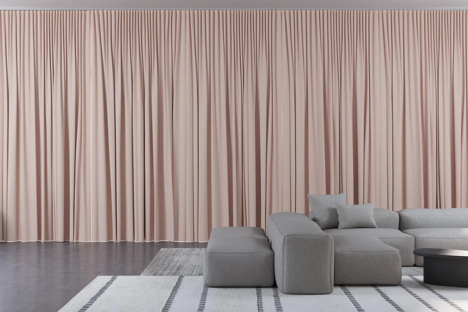 Draperie blackout Shadowmax roz pudrat pe tot peretele unui living