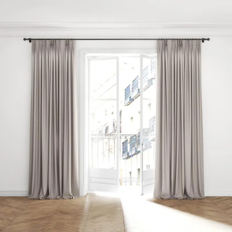 Draperie din in Brugge 08 Taupe, pe galerie, lăsată pe pardoseală
