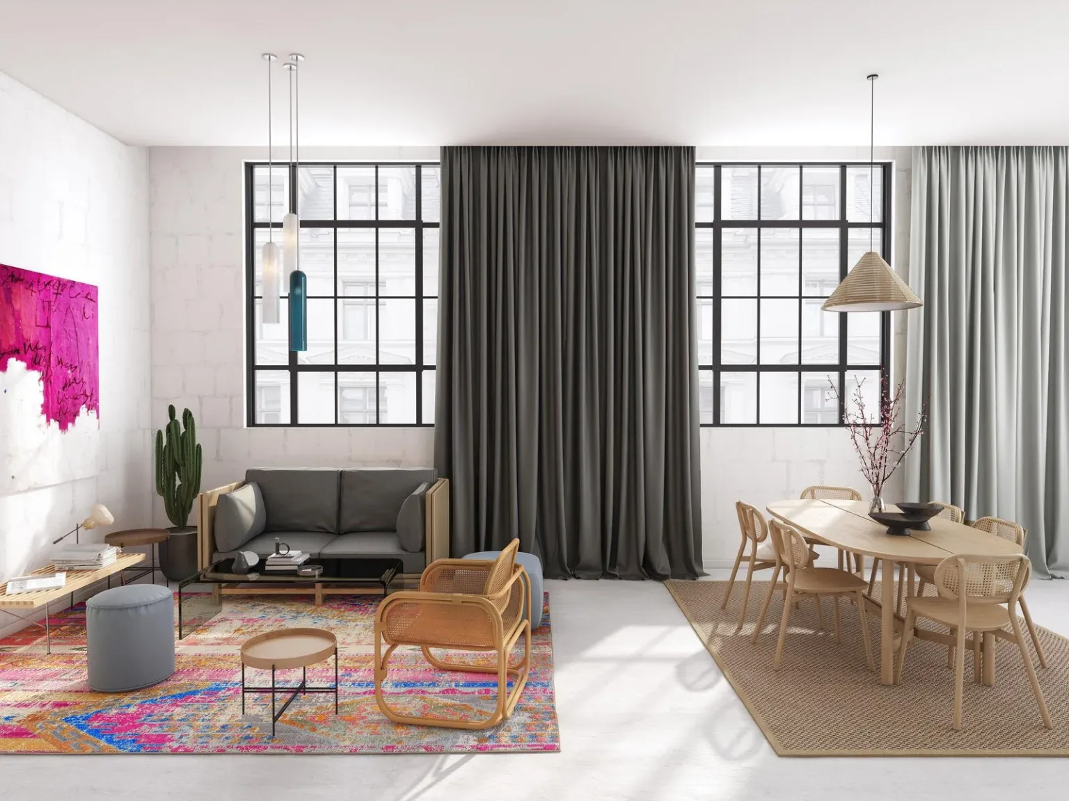 Draperii dim-out gri într-un loft
